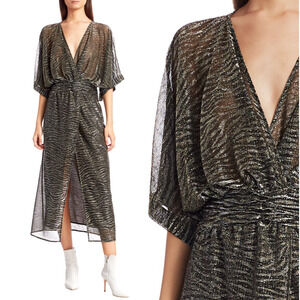 IRO 2 Volsun DISCO Metallic Midi Dress $425 Sheer Zebra Wrap Sparkly Glitter